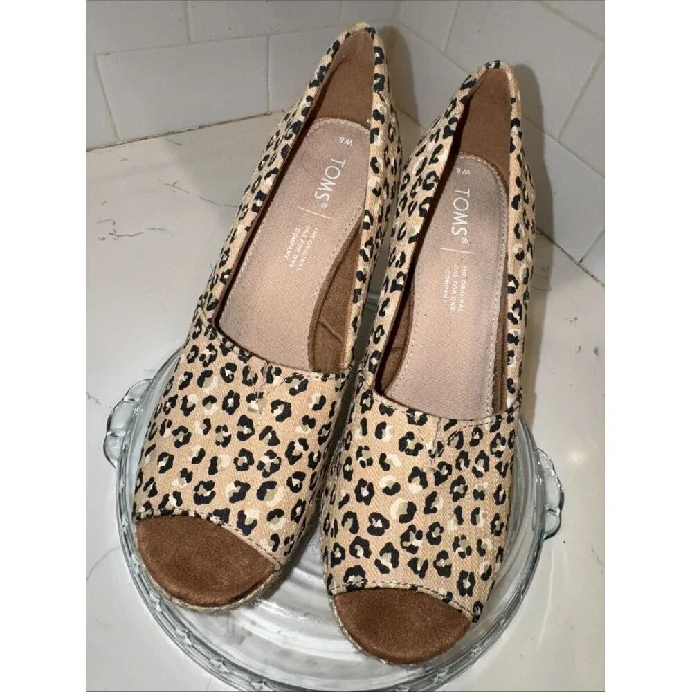 Toms Women Size 8 Michelle Cheetah Print Stacked Heel Slip On Wedge Peep Toe - Picture 4 of 14